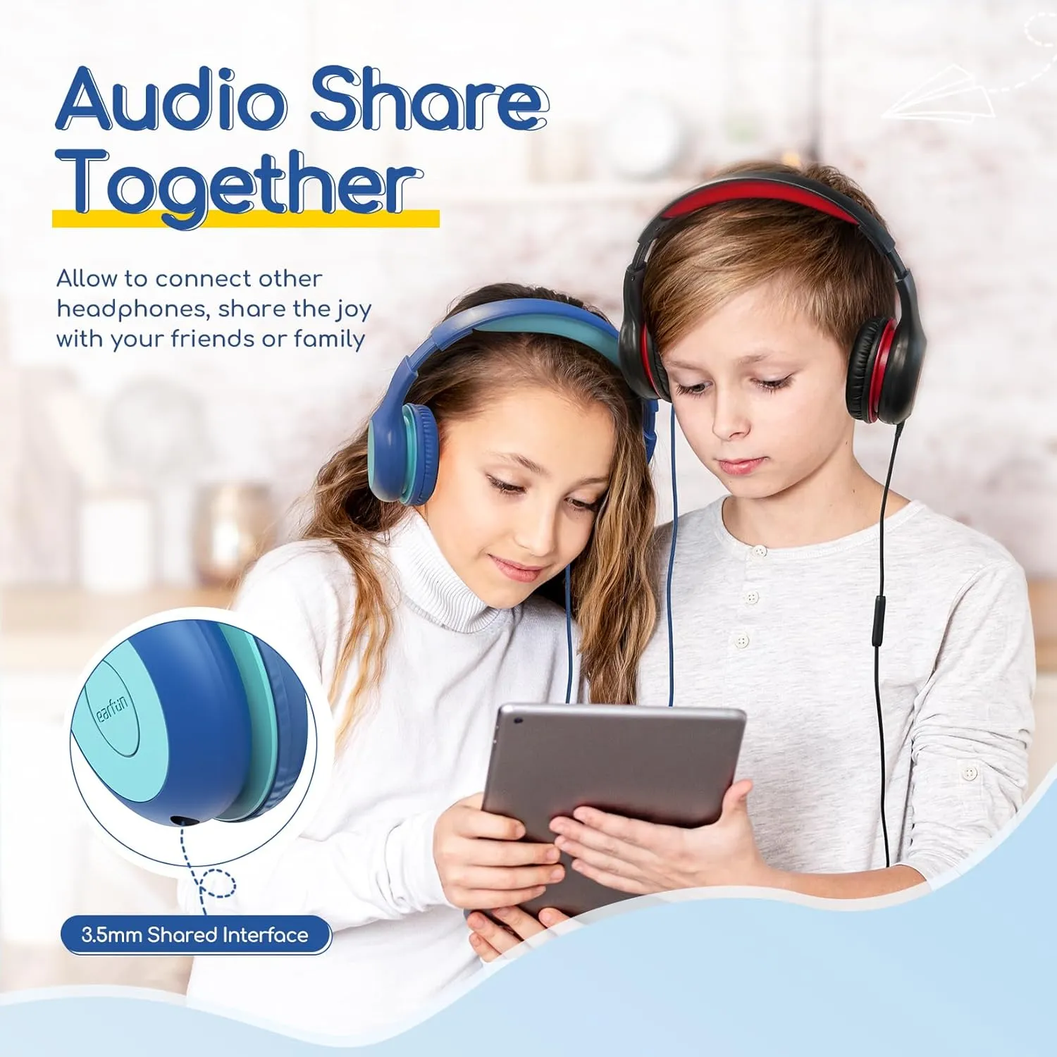EarFun Kids Headphones Wired with Microphone, 85/94dB Volume Limit Headphones for Kids, Portable Wired Headphone with Shareport, Stereo Sound Foldable Headset for School/Tablet/iPad/Kindle Blue Green