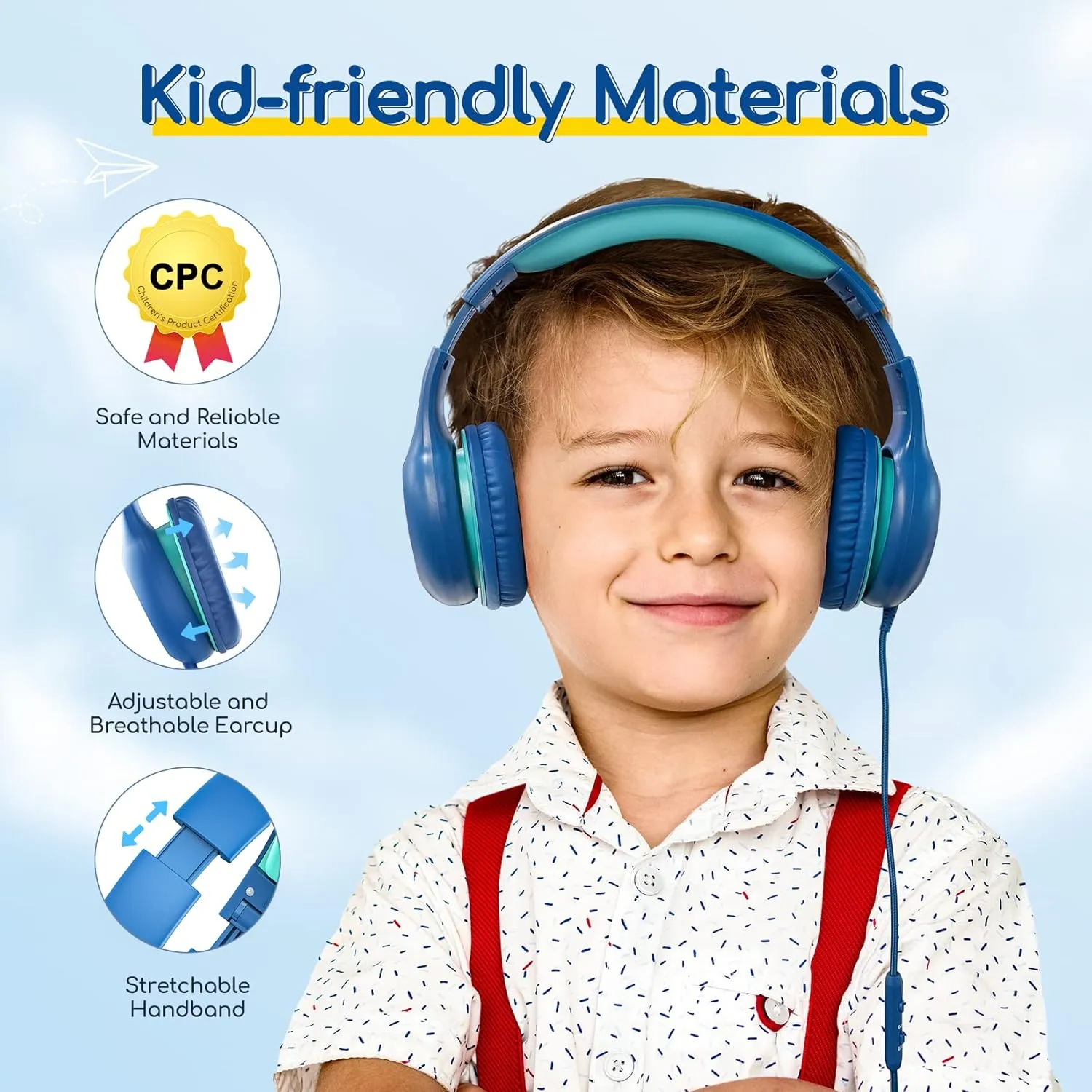EarFun Kids Headphones Wired with Microphone, 85/94dB Volume Limit Headphones for Kids, Portable Wired Headphone with Shareport, Stereo Sound Foldable Headset for School/Tablet/iPad/Kindle Blue Green