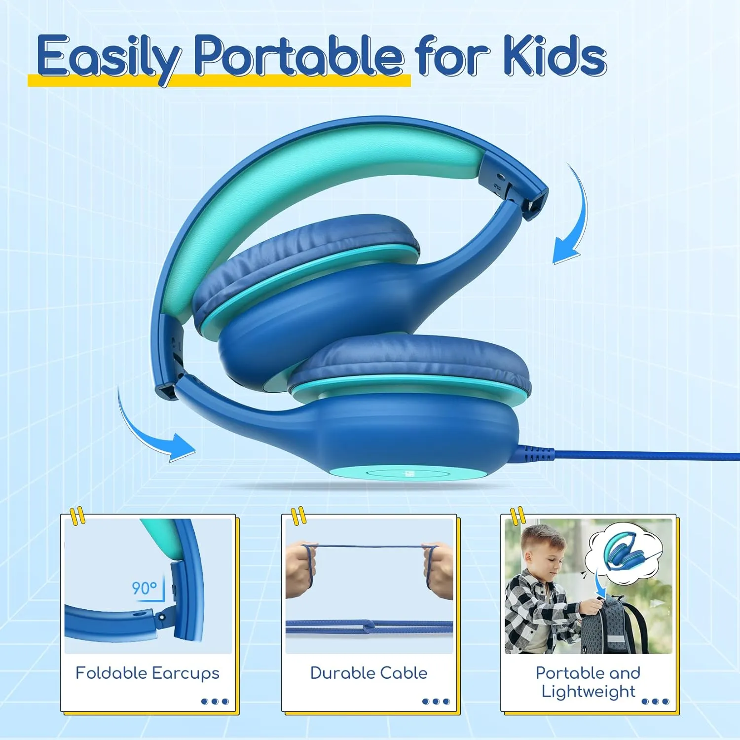 EarFun Kids Headphones Wired with Microphone, 85/94dB Volume Limit Headphones for Kids, Portable Wired Headphone with Shareport, Stereo Sound Foldable Headset for School/Tablet/iPad/Kindle Blue Green