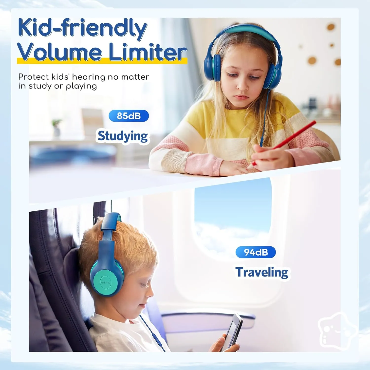 EarFun Kids Headphones Wired with Microphone, 85/94dB Volume Limit Headphones for Kids, Portable Wired Headphone with Shareport, Stereo Sound Foldable Headset for School/Tablet/iPad/Kindle Blue Green
