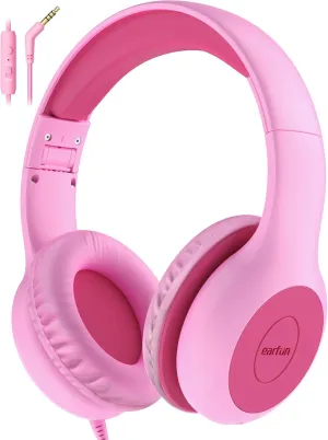 EarFun Kids Headphones Wired with Microphone, 85/94dB Volume Limit Headphones for Kids, Portable Wired Headphone with Shareport, Stereo Sound Foldable Headset for School/Tablet/Kindle Fuscia Pink