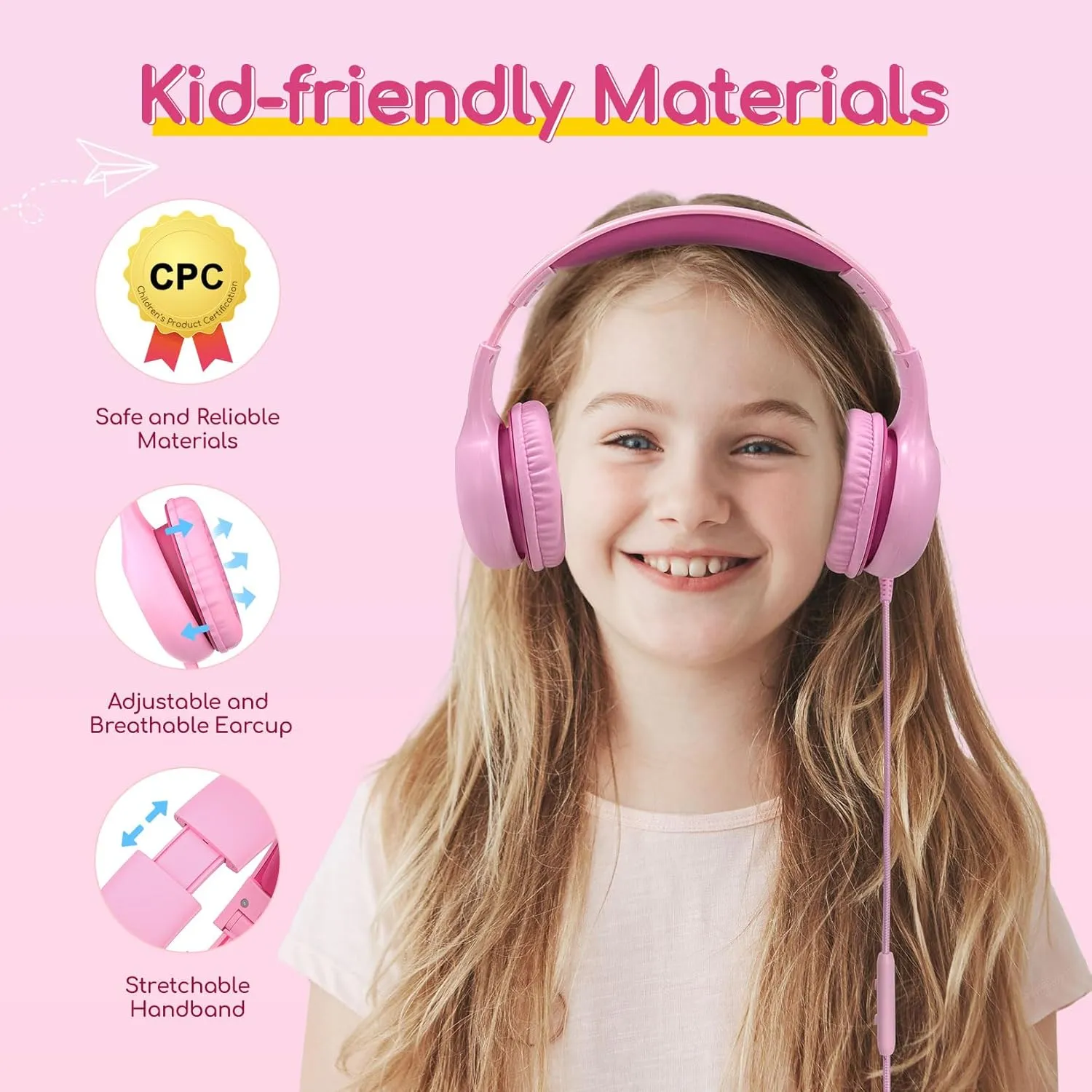 EarFun Kids Headphones Wired with Microphone, 85/94dB Volume Limit Headphones for Kids, Portable Wired Headphone with Shareport, Stereo Sound Foldable Headset for School/Tablet/Kindle Fuscia Pink