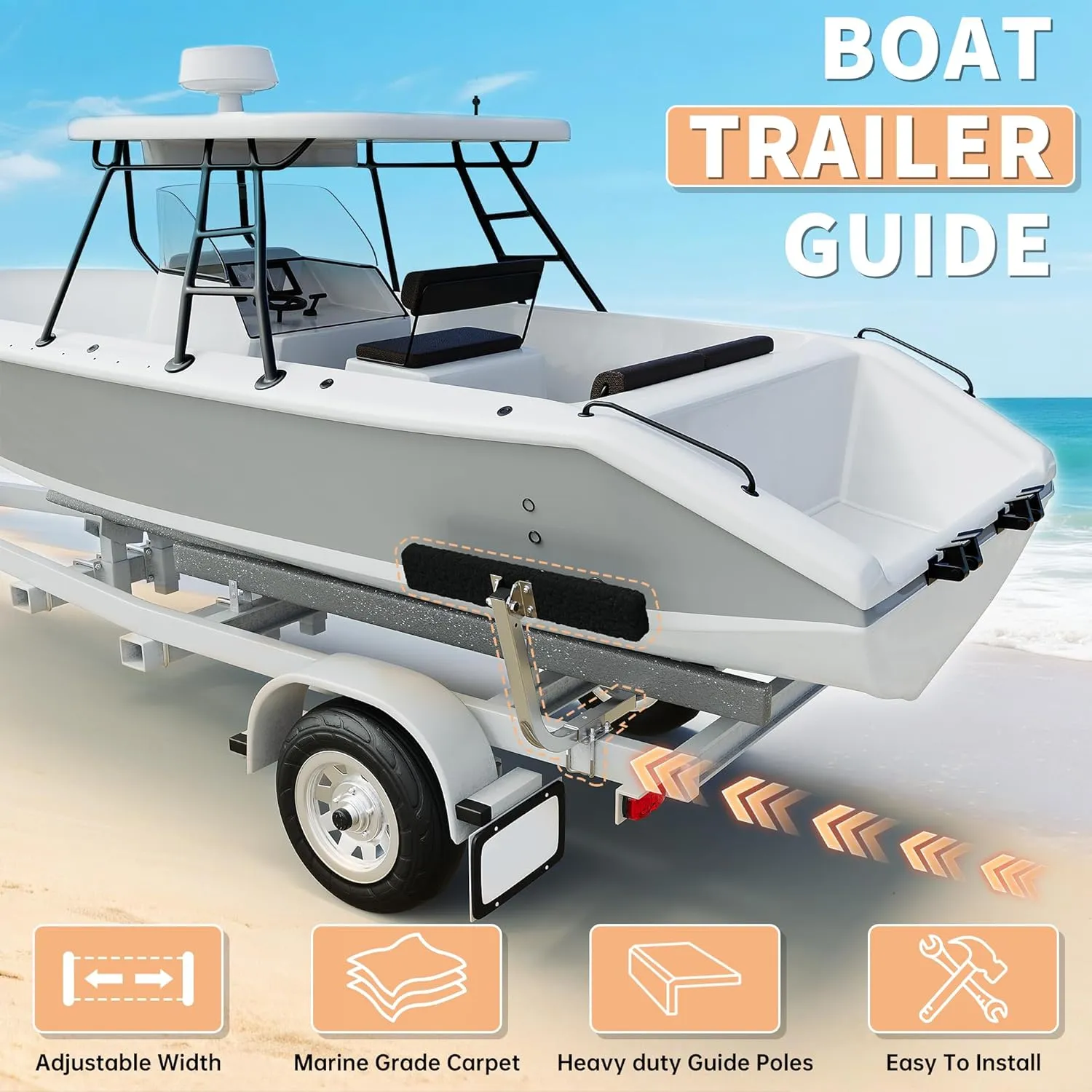 ECOTRIC Boat Trailer Guide 2 Foot Bunk Board Guide-On Rails Galvanized Steel with Marine Grade Carpet Kit 2pcs Adjustable