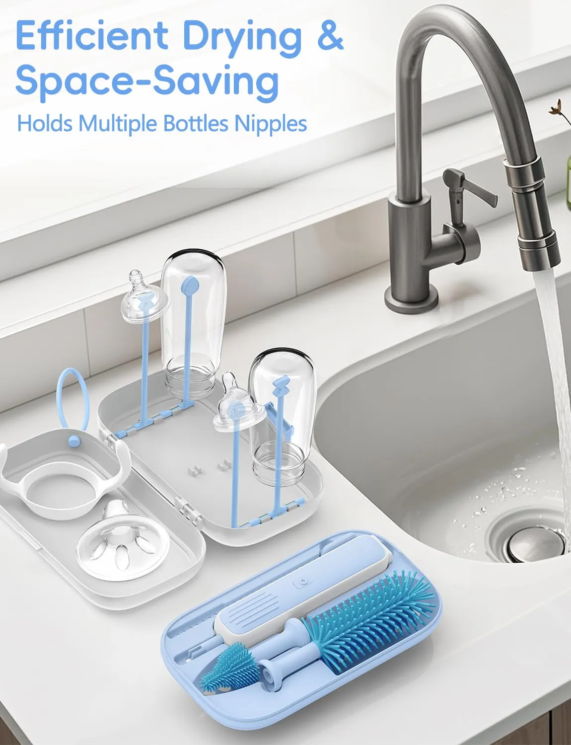 Electric Baby Bottle Brush Cleaner, 2000mAh Rechargeable Silicone Brush, Drying Rack, Compact Storage Box Travel Kit, 360° Efficient Cleaning Baby Bottle Cleaner Brush Set for Home & On-The-Go