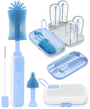 Electric Baby Bottle Brush Cleaner, 2000mAh Rechargeable Silicone Brush, Drying Rack, Compact Storage Box Travel Kit, 360° Efficient Cleaning Baby Bottle Cleaner Brush Set for Home & On-The-Go