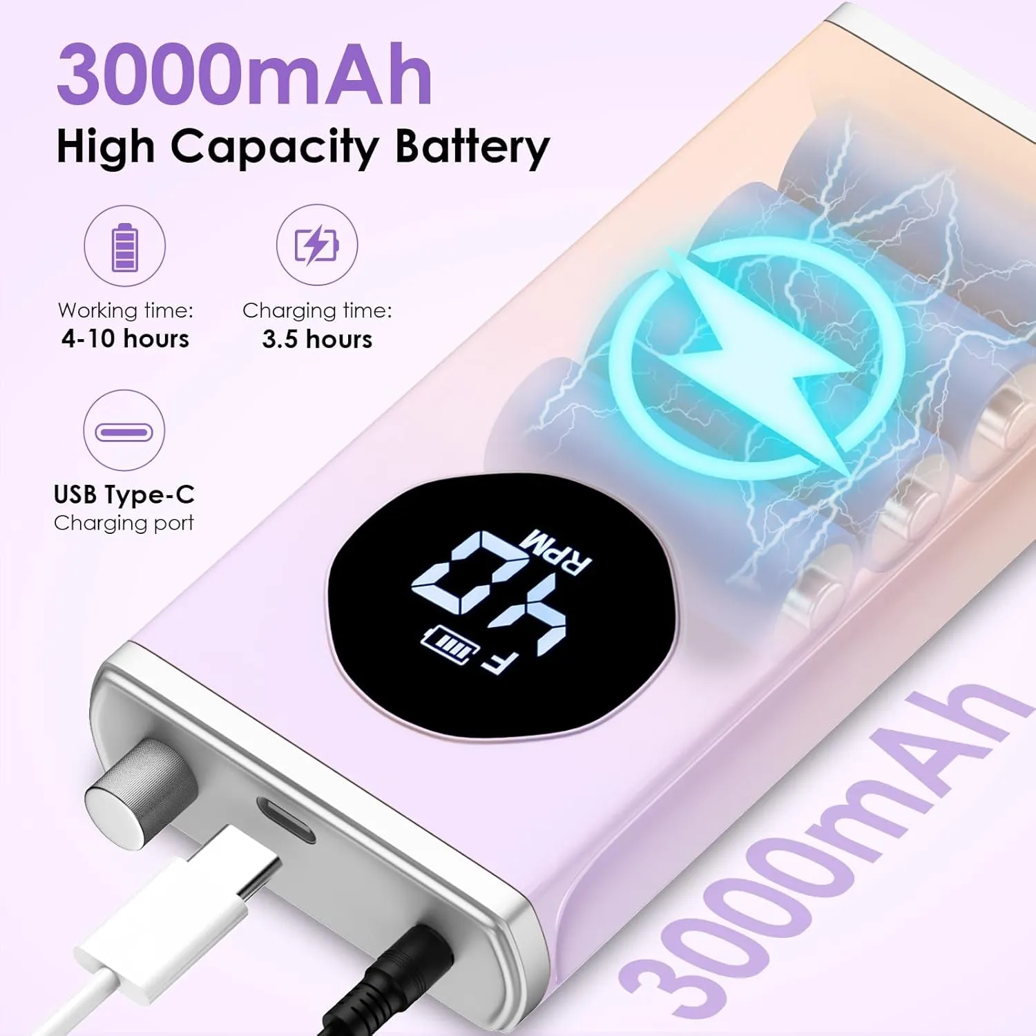 Electric Nail Drill, 40000RPM Professional E-Filer Rechargeable with 15 Drill Bits, Portable Nail File Electric Nail Filer for Acrylic Nails Gel Polishing Removing for Salon Home (Purple)