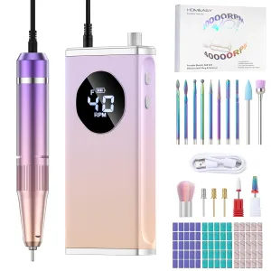 Electric Nail Drill, 40000RPM Professional E-Filer Rechargeable with 15 Drill Bits, Portable Nail File Electric Nail Filer for Acrylic Nails Gel Polishing Removing for Salon Home (Purple)