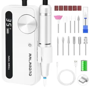 Electric Nail File Professional,35000 RPM for Acrylic Gel Polishing Removing with Nail Drill, Lightweight Nail kit Portable Rechargeable Nail File Manicure for Salon & Home (White)
