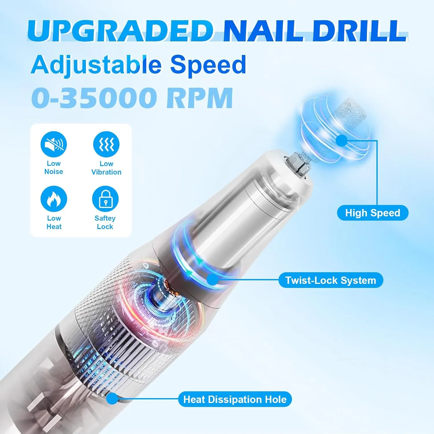 Electric Nail File Professional,35000 RPM for Acrylic Gel Polishing Removing with Nail Drill, Lightweight Nail kit Portable Rechargeable Nail File Manicure for Salon & Home (White)