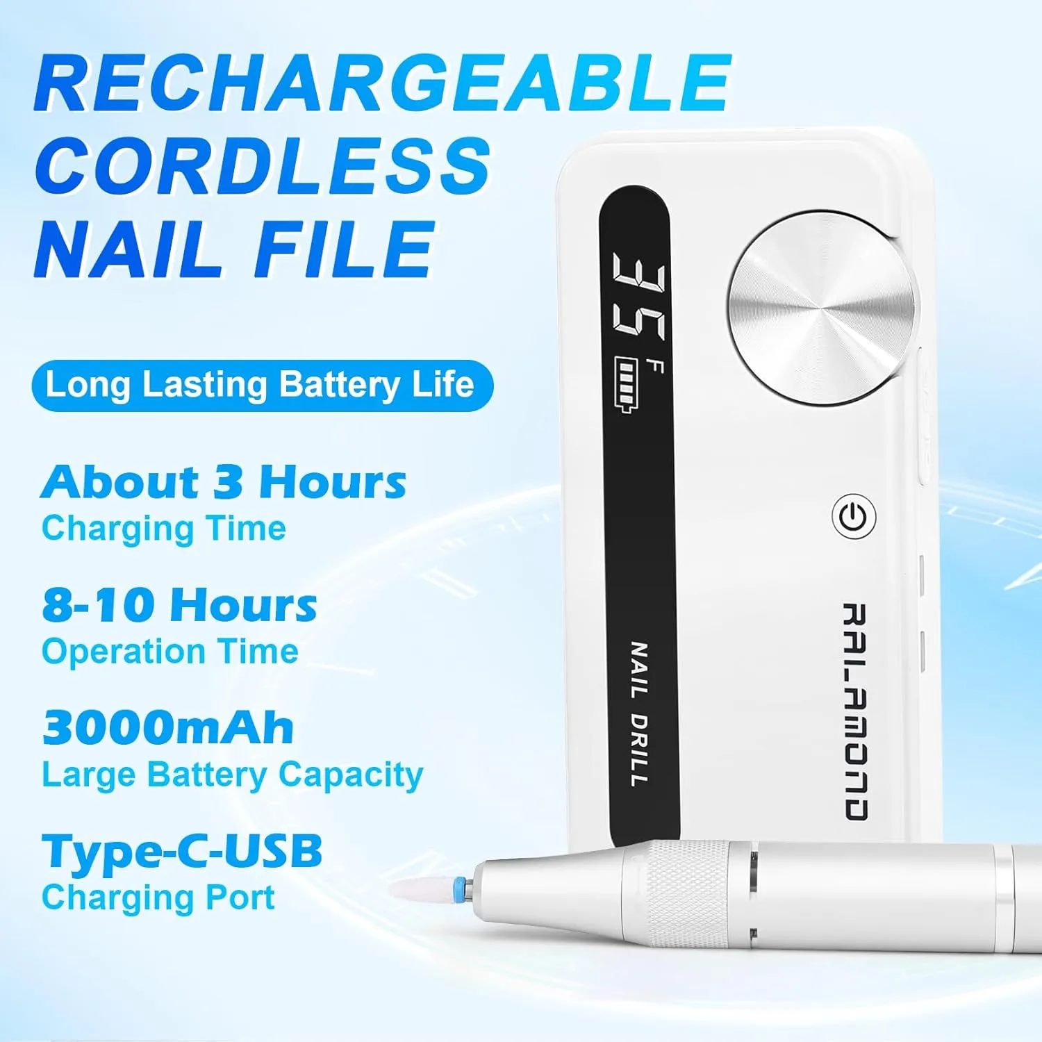 Electric Nail File Professional,35000 RPM for Acrylic Gel Polishing Removing with Nail Drill, Lightweight Nail kit Portable Rechargeable Nail File Manicure for Salon & Home (White)