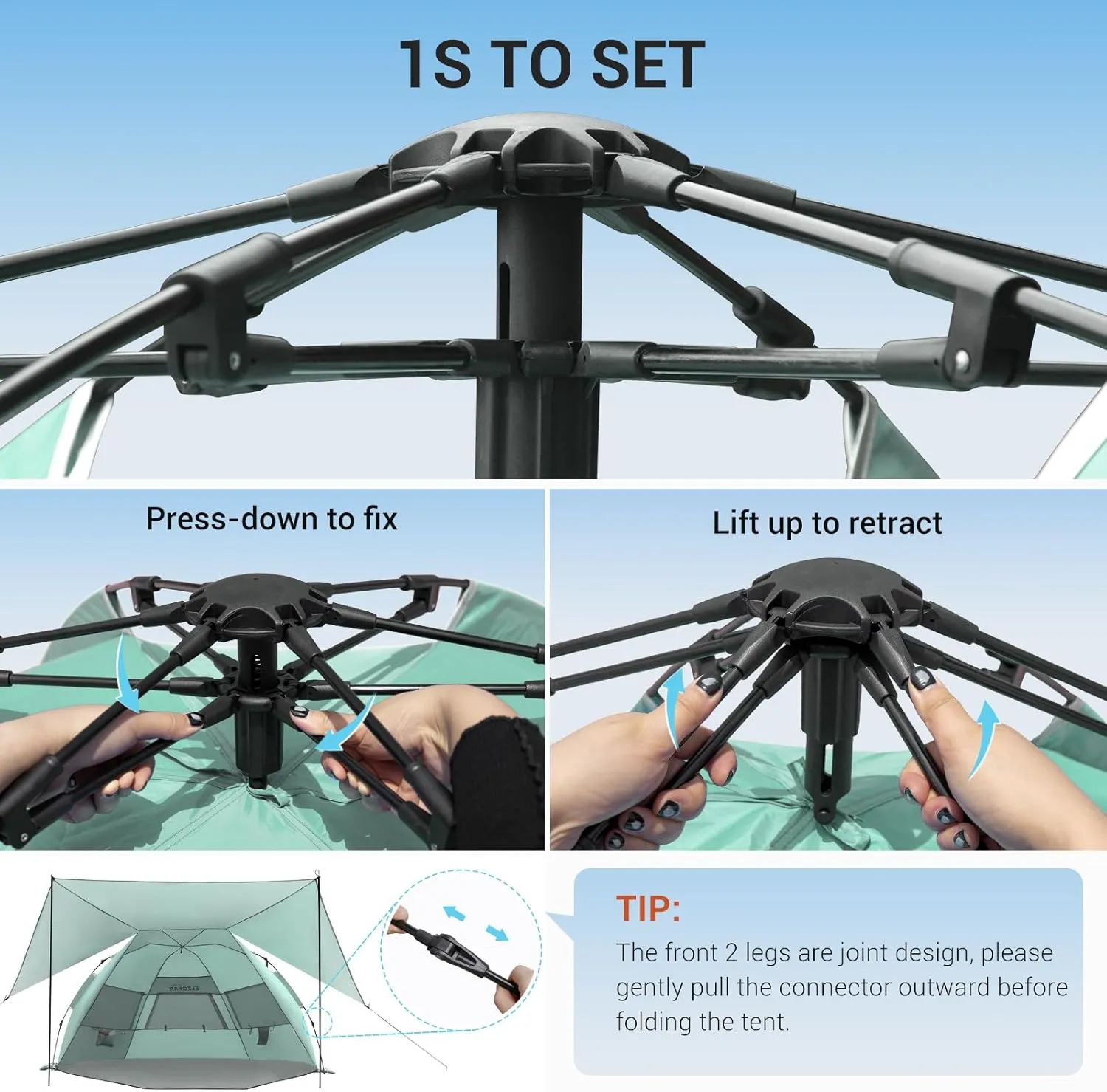 Elegear Beach Tent With 360 Removable Canopy, 4-6 Person Pop Up Sun Shade Shelter, UPF 50  Automated Installation Double Silver Coating Portable Lightweight Cabana