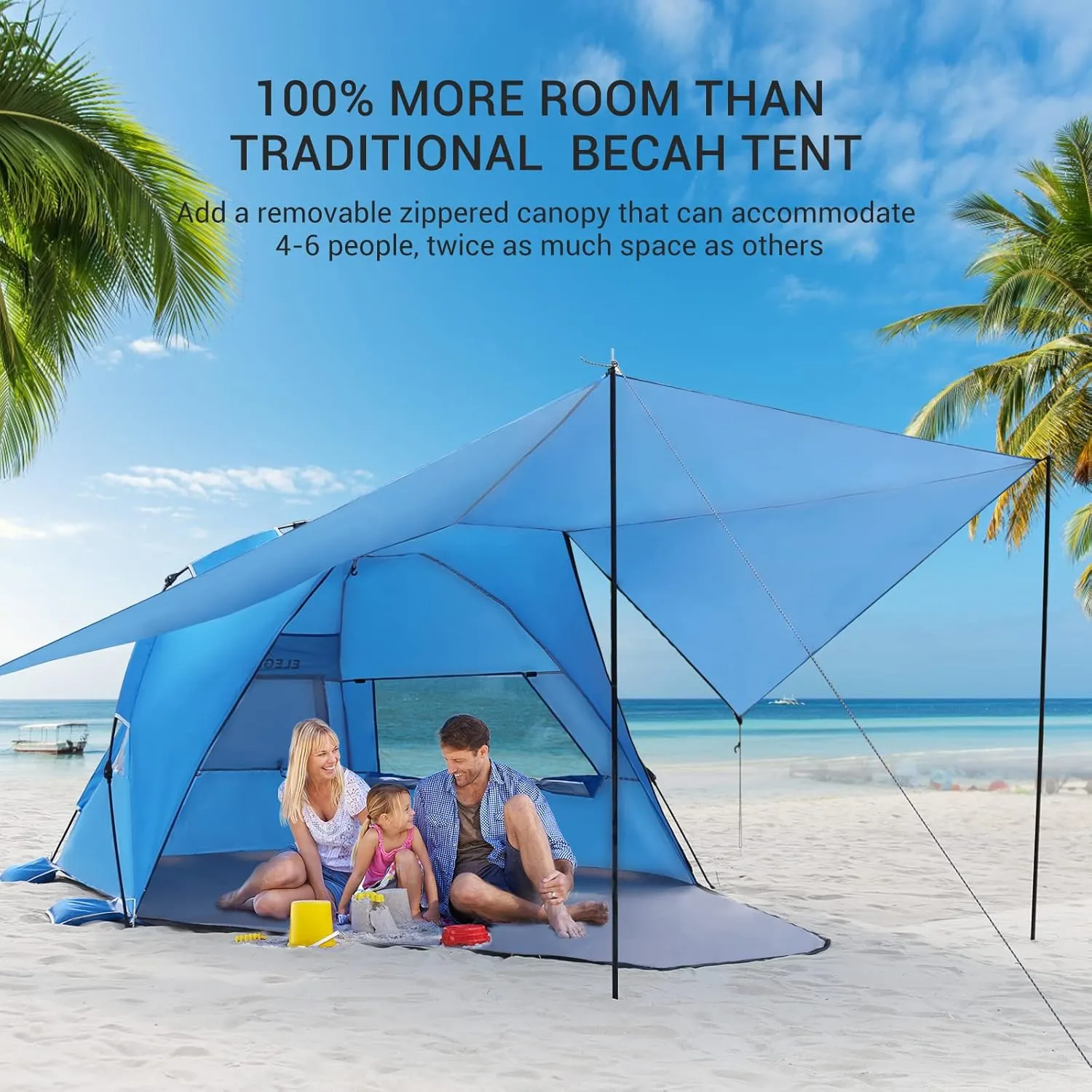 Elegear Beach Tent With 360 Removable Canopy, 4-6 Person Pop Up Sun Shade Shelter, UPF 50  Automated Installation Double Silver Coating Portable Lightweight Cabana