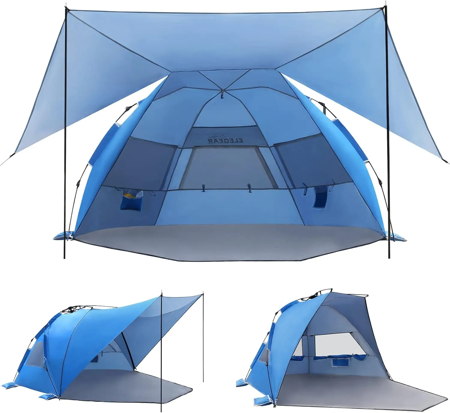 Elegear Beach Tent With 360 Removable Canopy, 4-6 Person Pop Up Sun Shade Shelter, UPF 50  Automated Installation Double Silver Coating Portable Lightweight Cabana
