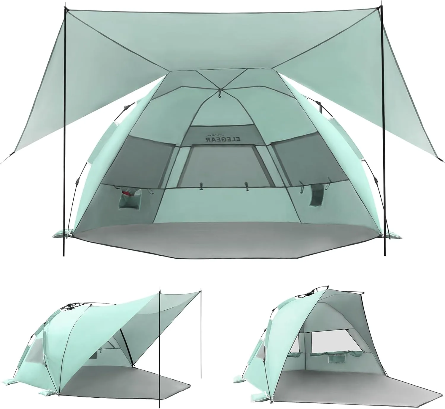 Elegear Beach Tent With 360 Removable Canopy, 4-6 Person Pop Up Sun Shade Shelter, UPF 50  Automated Installation Double Silver Coating Portable Lightweight Cabana