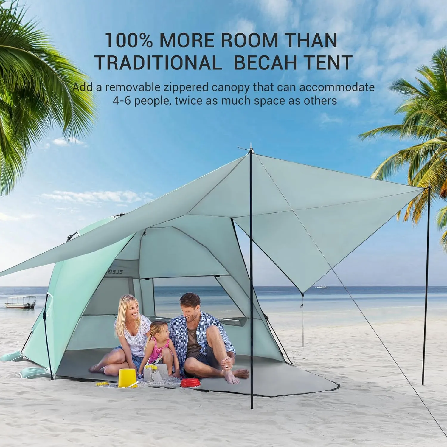 Elegear Beach Tent With 360 Removable Canopy, 4-6 Person Pop Up Sun Shade Shelter, UPF 50  Automated Installation Double Silver Coating Portable Lightweight Cabana