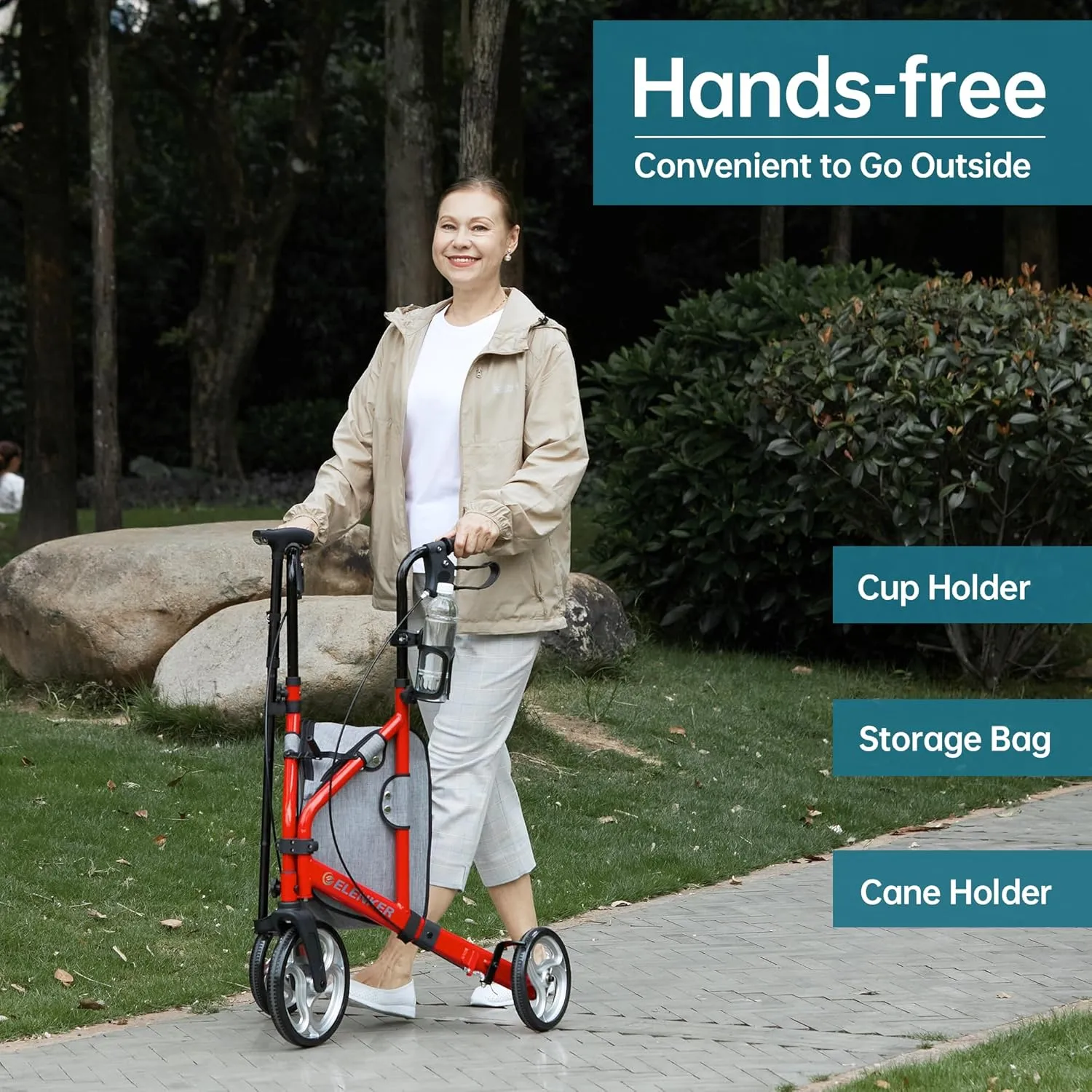 ELENKER 3 Wheel Walkers for Seniors, 3 Wheeled Rollator with 10” Wheels, Narrow Walkers for Small Spaces, Compact Folding, Ideal for Traveling, Red