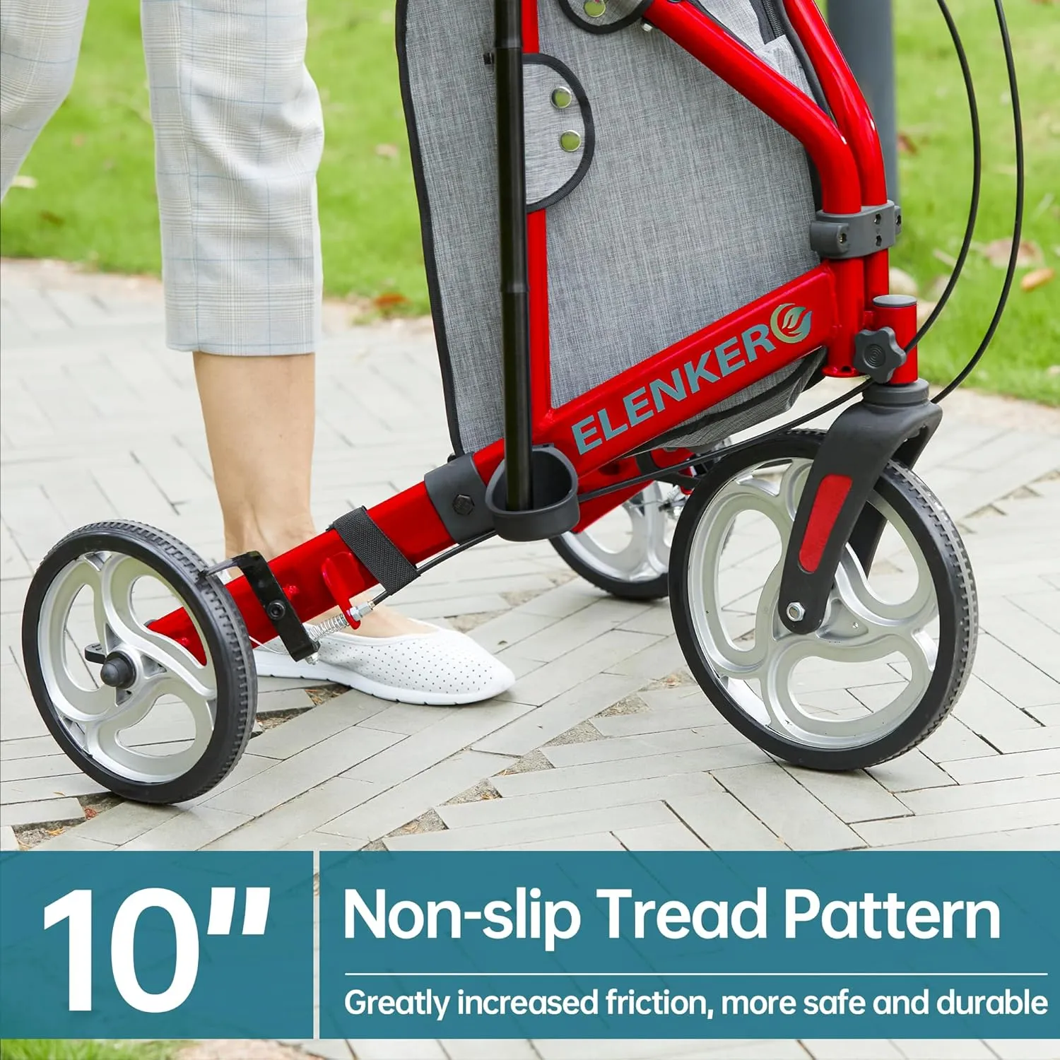 ELENKER 3 Wheel Walkers for Seniors, 3 Wheeled Rollator with 10” Wheels, Narrow Walkers for Small Spaces, Compact Folding, Ideal for Traveling, Red