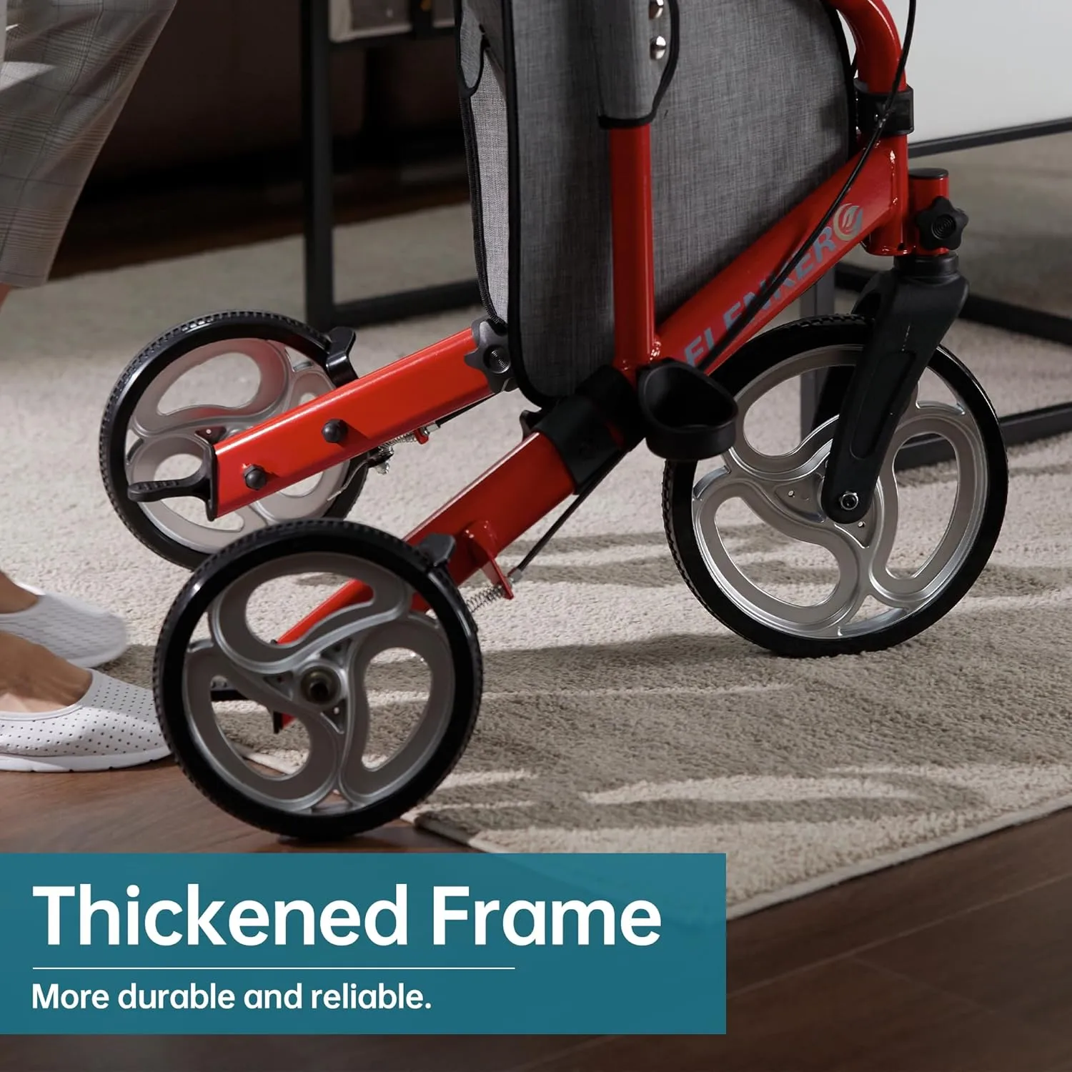 ELENKER 3 Wheel Walkers for Seniors, 3 Wheeled Rollator with 10” Wheels, Narrow Walkers for Small Spaces, Compact Folding, Ideal for Traveling, Red