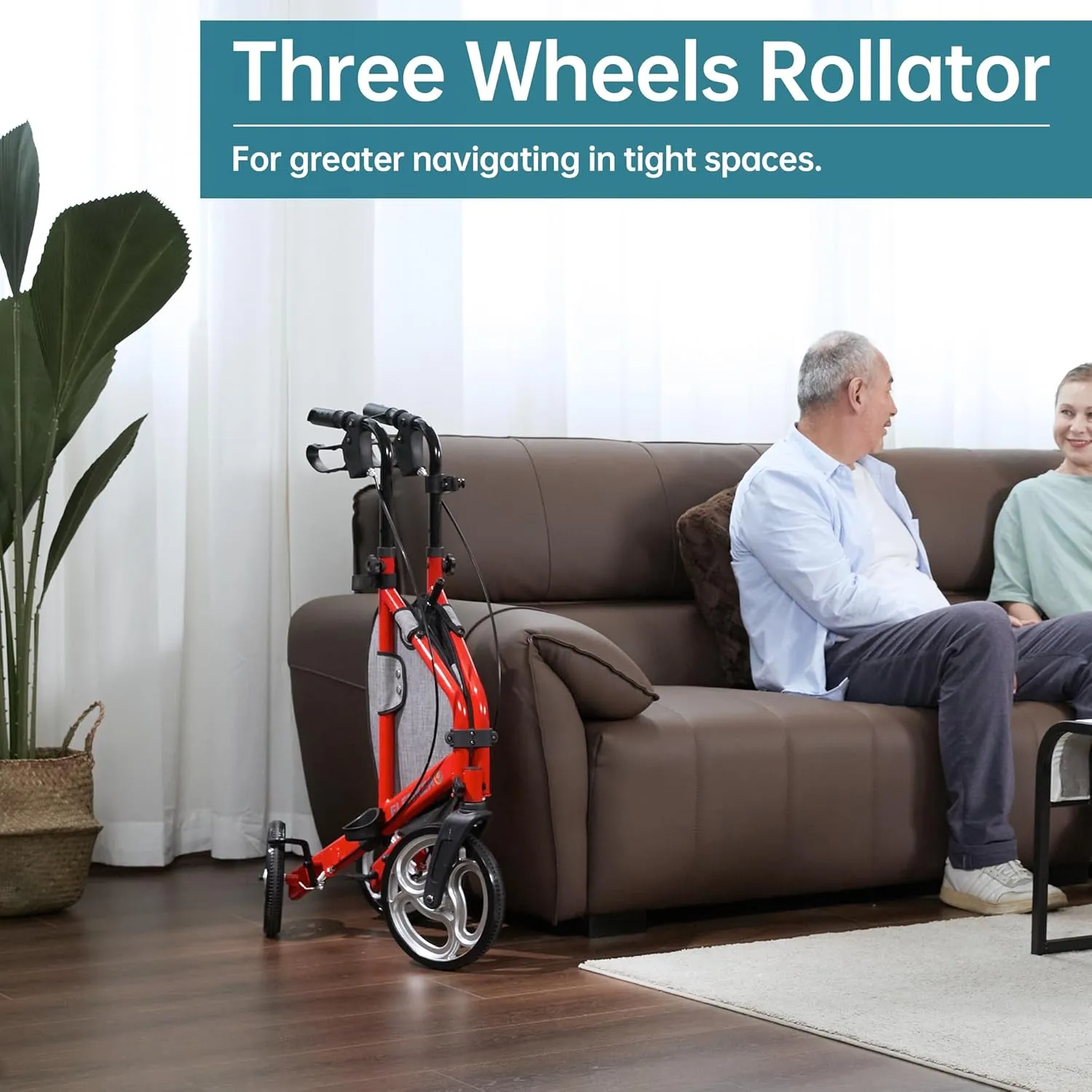 ELENKER 3 Wheel Walkers for Seniors, 3 Wheeled Rollator with 10” Wheels, Narrow Walkers for Small Spaces, Compact Folding, Ideal for Traveling, Red