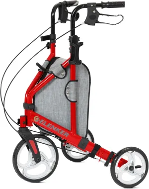 ELENKER 3 Wheel Walkers for Seniors, 3 Wheeled Rollator with 10” Wheels, Narrow Walkers for Small Spaces, Compact Folding, Ideal for Traveling, Red