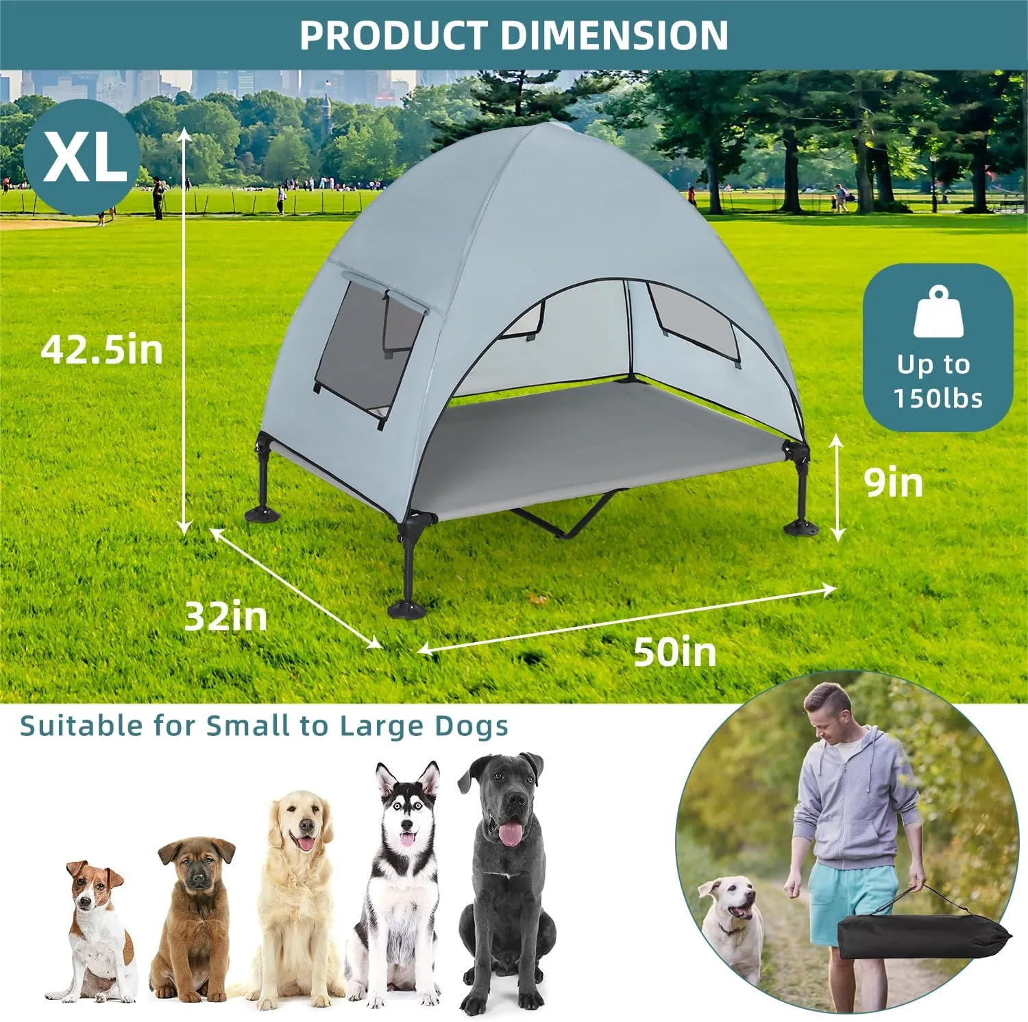 Elevated Outdoor Dog Bed with Canopy, Cooling Raised Pet Cot Bed with Removable Shade, Portable Pet Bed Cot with 360° Adjustable & Non-Slip Feet, Dog Tent Bed for Large Dogs Camping, Indoor & Outdoor