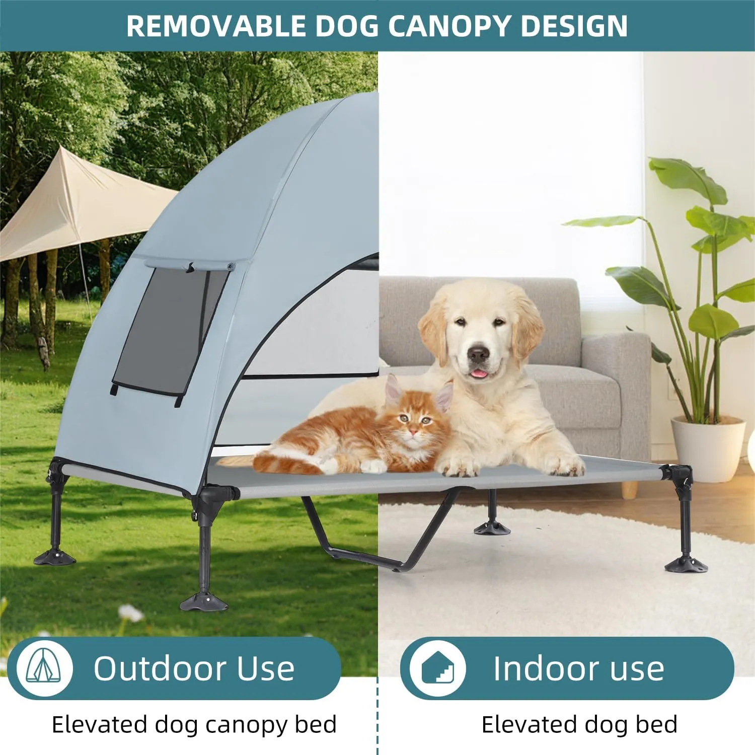 Elevated Outdoor Dog Bed with Canopy, Cooling Raised Pet Cot Bed with Removable Shade, Portable Pet Bed Cot with 360° Adjustable & Non-Slip Feet, Dog Tent Bed for Large Dogs Camping, Indoor & Outdoor