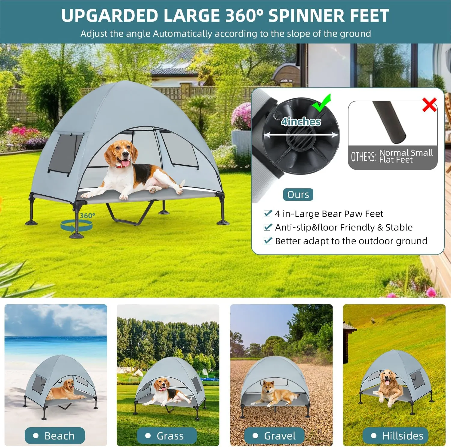 Elevated Outdoor Dog Bed with Canopy, Cooling Raised Pet Cot Bed with Removable Shade, Portable Pet Bed Cot with 360° Adjustable & Non-Slip Feet, Dog Tent Bed for Large Dogs Camping, Indoor & Outdoor