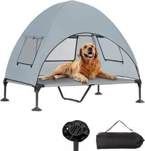 Elevated Outdoor Dog Bed with Canopy, Cooling Raised Pet Cot Bed with Removable Shade, Portable Pet Bed Cot with 360° Adjustable & Non-Slip Feet, Dog Tent Bed for Large Dogs Camping, Indoor & Outdoor