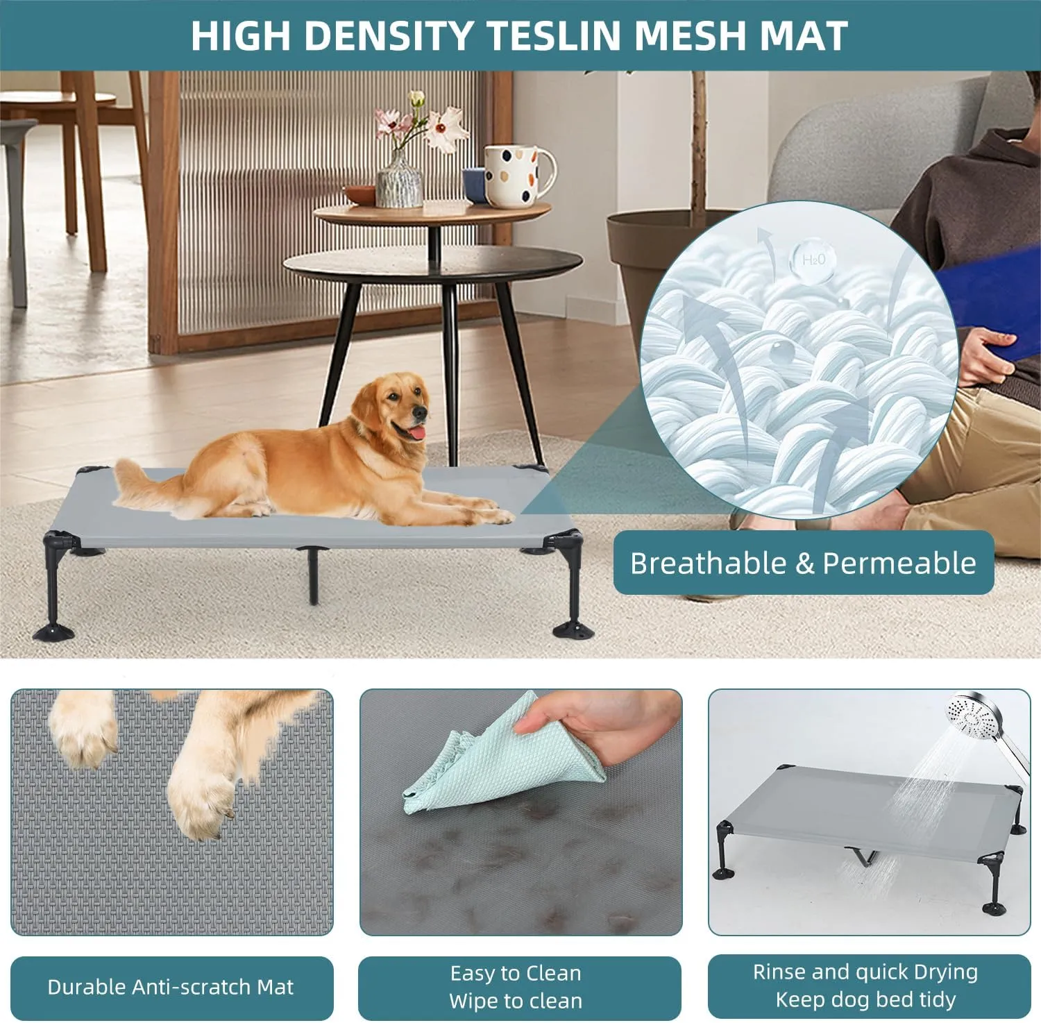 Elevated Outdoor Dog Bed with Canopy, Cooling Raised Pet Cot Bed with Removable Shade, Portable Pet Bed Cot with 360° Adjustable & Non-Slip Feet, Dog Tent Bed for Large Dogs Camping, Indoor & Outdoor