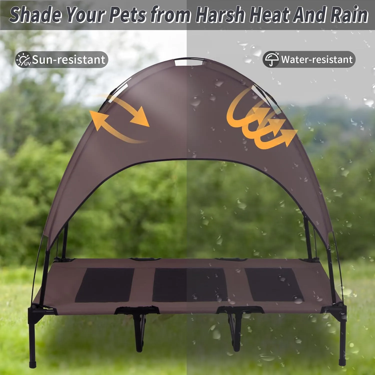 Elevated Outdoor Dog Bed with Canopy, Raised Removable Cover Cooling Dog Beds with Waterpoof Shade Dog Tent Outside Portable Dog Cot for Large Dogs Pet (Brown)