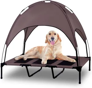 Elevated Outdoor Dog Bed with Canopy, Raised Removable Cover Cooling Dog Beds with Waterpoof Shade Dog Tent Outside Portable Dog Cot for Large Dogs Pet (Brown)