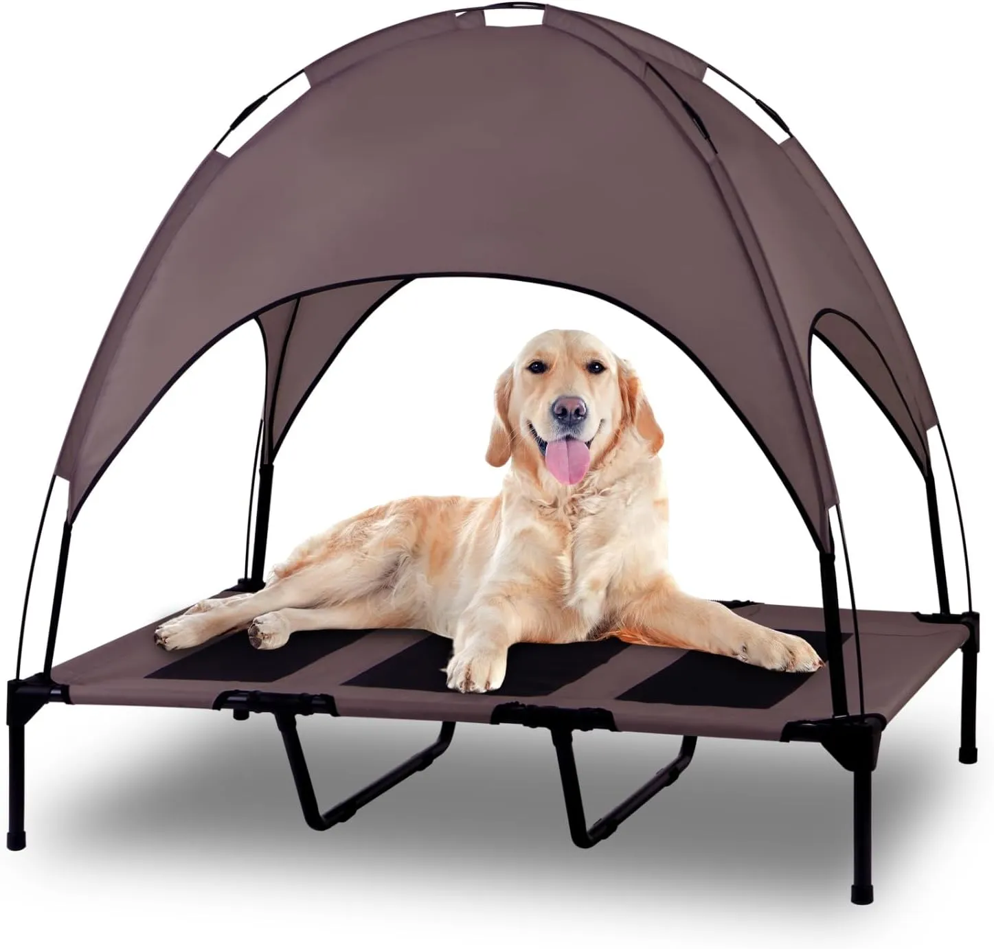 Elevated Outdoor Dog Bed with Canopy, Raised Removable Cover Cooling Dog Beds with Waterpoof Shade Dog Tent Outside Portable Dog Cot for Large Dogs Pet (Brown)