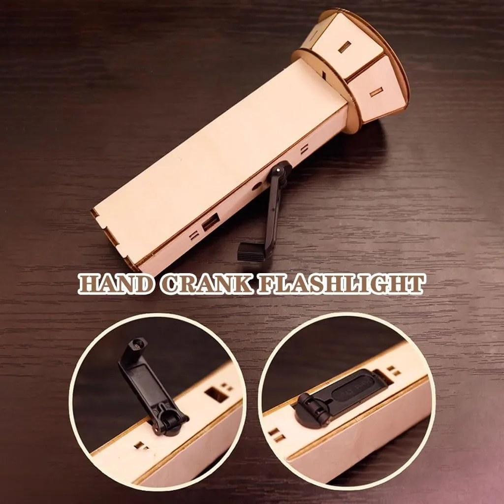 Emergency Hand Crank Flashlight Creative DIY Dynamo Flashlight, Handmade Wooden Hand Crank Flashlight, Battery-Powered Emergency Flashlight, for Students, Boys, Girls(Manual Type)