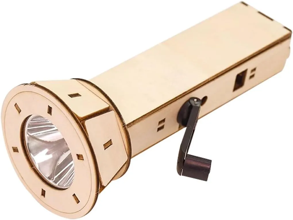 Emergency Hand Crank Flashlight Creative DIY Dynamo Flashlight, Handmade Wooden Hand Crank Flashlight, Battery-Powered Emergency Flashlight, for Students, Boys, Girls(Manual Type)
