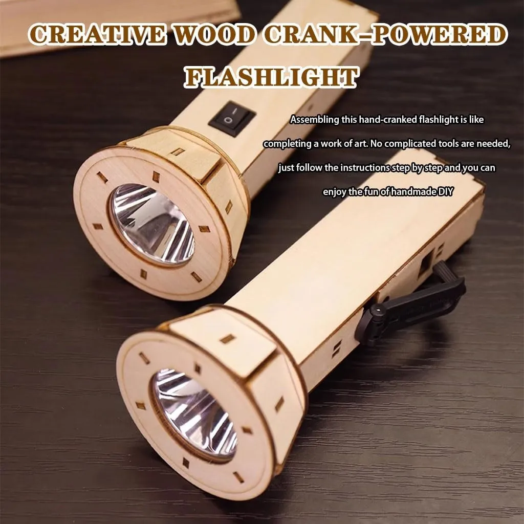 Emergency Hand Crank Flashlight Creative DIY Dynamo Flashlight, Handmade Wooden Hand Crank Flashlight, Battery-Powered Emergency Flashlight, for Students, Boys, Girls(Manual Type)