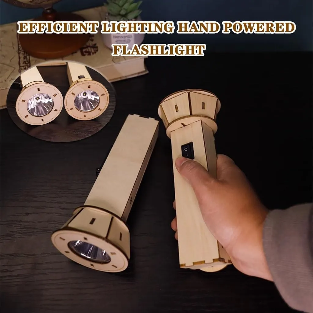 Emergency Hand Crank Flashlight Creative DIY Dynamo Flashlight, Handmade Wooden Hand Crank Flashlight, Battery-Powered Emergency Flashlight, for Students, Boys, Girls(Manual Type)