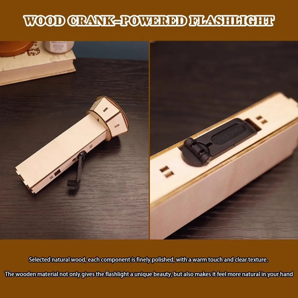 Emergency Hand Crank Flashlight Creative DIY Dynamo Flashlight, Handmade Wooden Hand Crank Flashlight, Battery-Powered Emergency Flashlight, for Students, Boys, Girls(Manual Type)