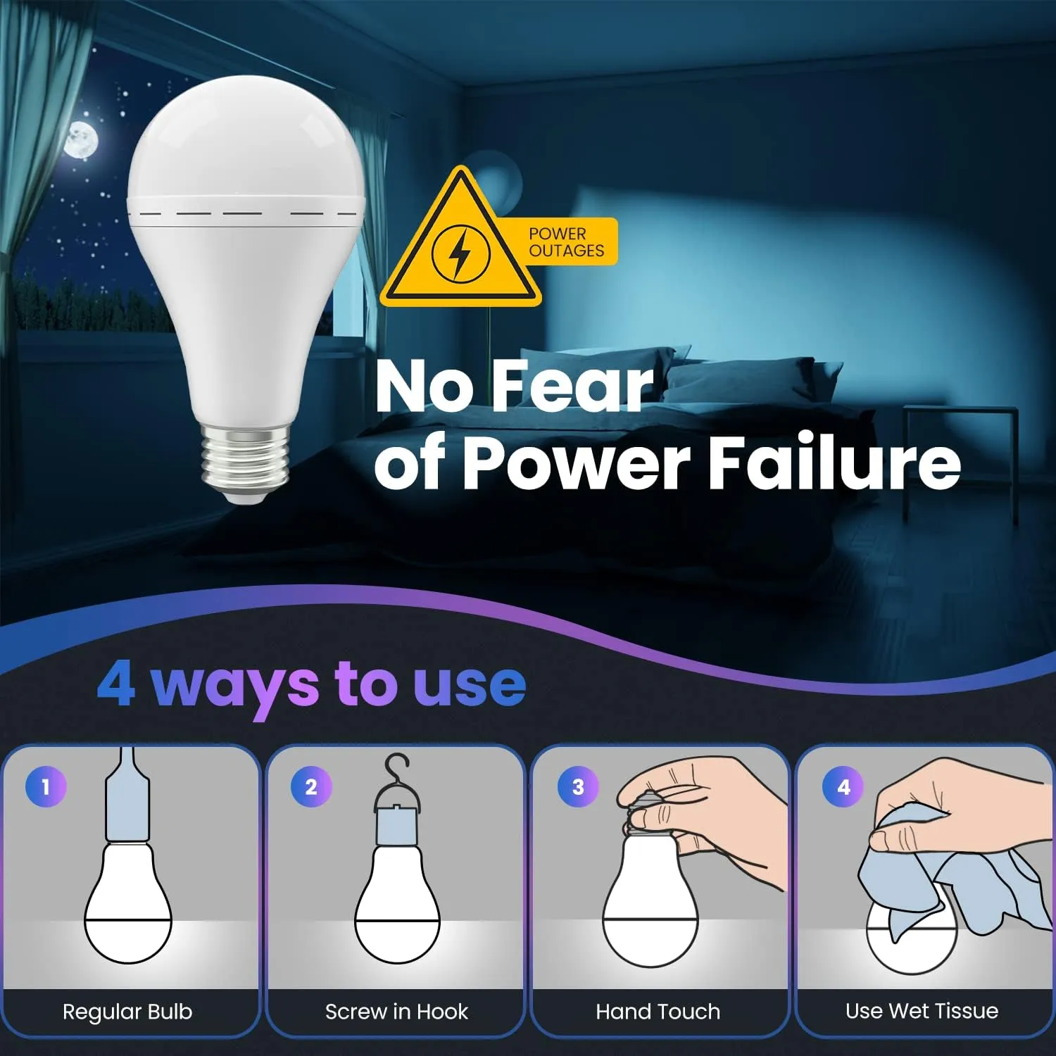 Emergency Rechargeable Led Light Bulb with Hook,Stay Lights Up When Power Failure, 1500mAh 12W 60W Equivalent LED Light Bulbs for Home, Camping, Hiking, 4 Pack
