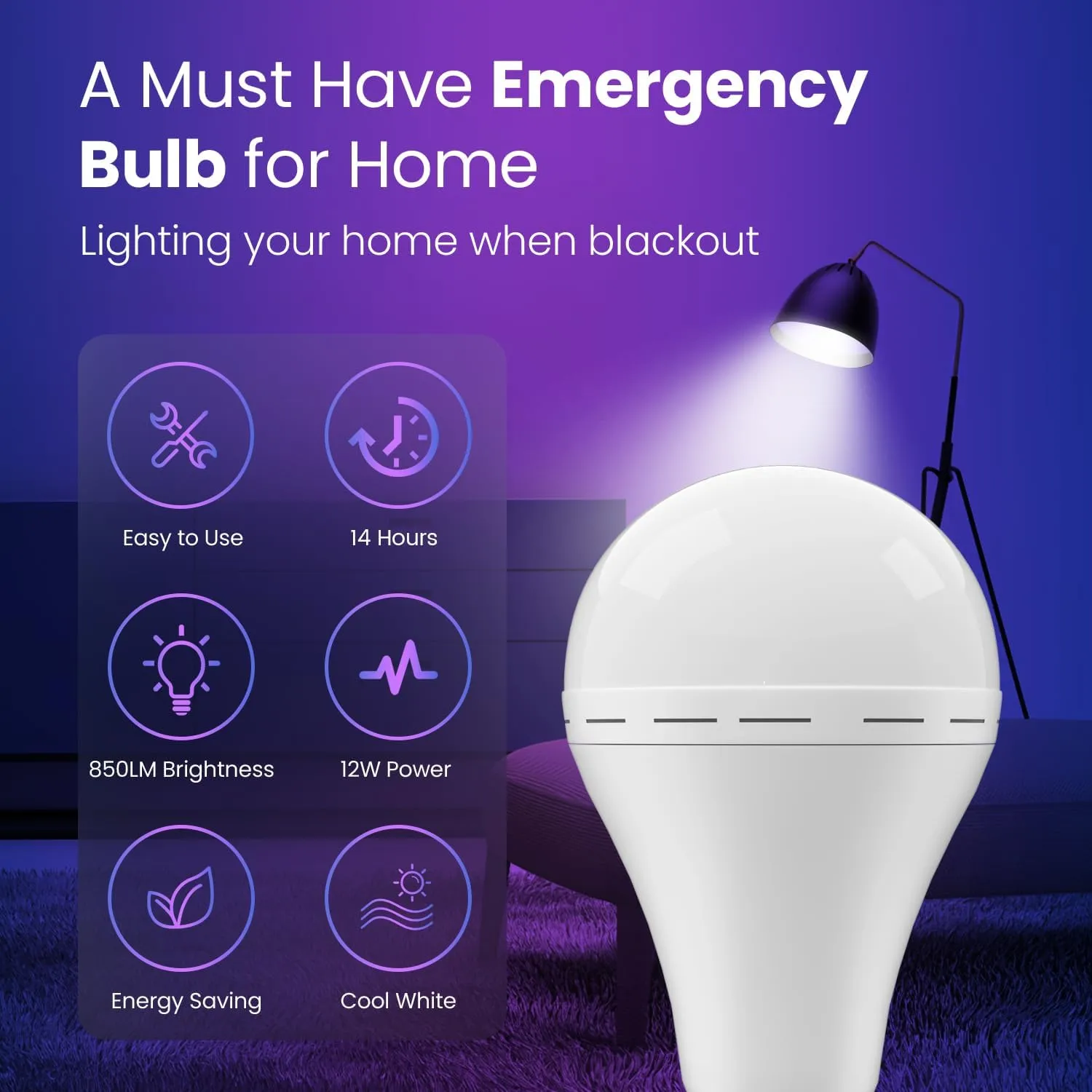 Emergency Rechargeable Led Light Bulb with Hook,Stay Lights Up When Power Failure, 1500mAh 12W 60W Equivalent LED Light Bulbs for Home, Camping, Hiking, 4 Pack