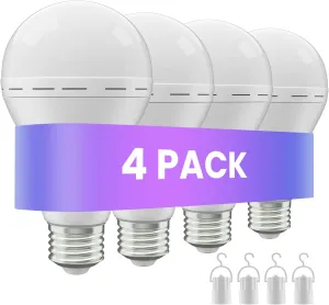 Emergency Rechargeable Led Light Bulb with Hook,Stay Lights Up When Power Failure, 1500mAh 12W 60W Equivalent LED Light Bulbs for Home, Camping, Hiking, 4 Pack