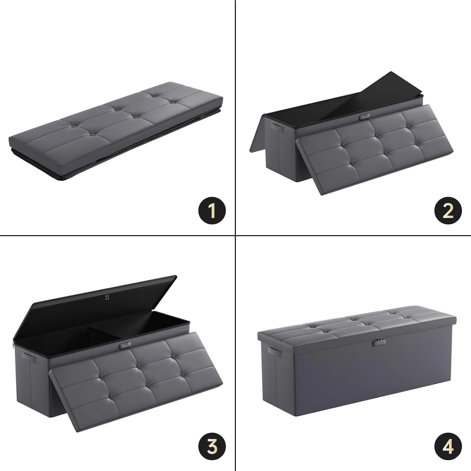 ENGPOW Storage Ottoman, Fireproof Folding Bench with Lock(15”x 43”x15”), Water-Resistant ＆ Heat Insulation Large Storage Chest with Handles＆2 Extra Spaces Safe for Living Room, Bedroom, Home, Grey