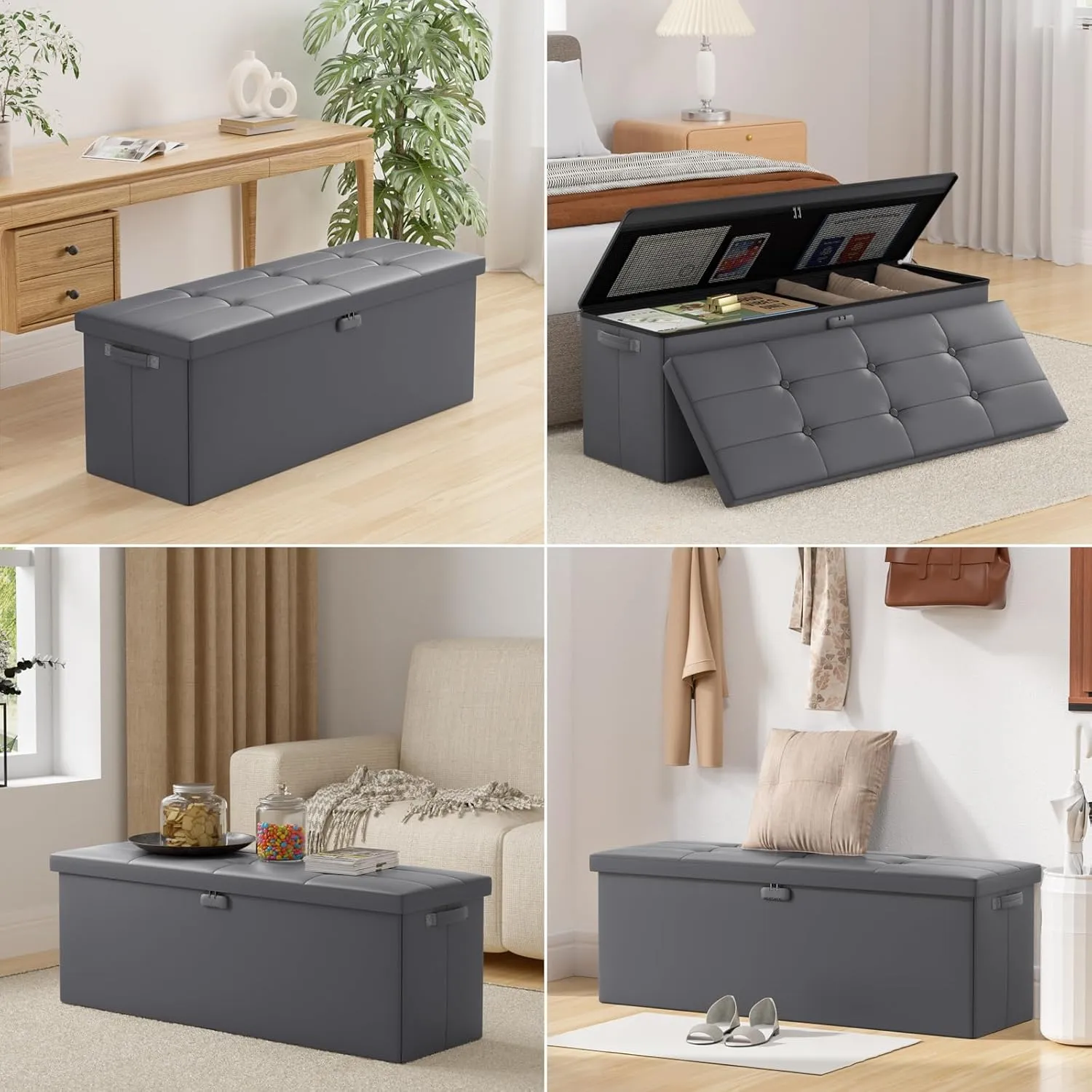 ENGPOW Storage Ottoman, Fireproof Folding Bench with Lock(15”x 43”x15”), Water-Resistant ＆ Heat Insulation Large Storage Chest with Handles＆2 Extra Spaces Safe for Living Room, Bedroom, Home, Grey