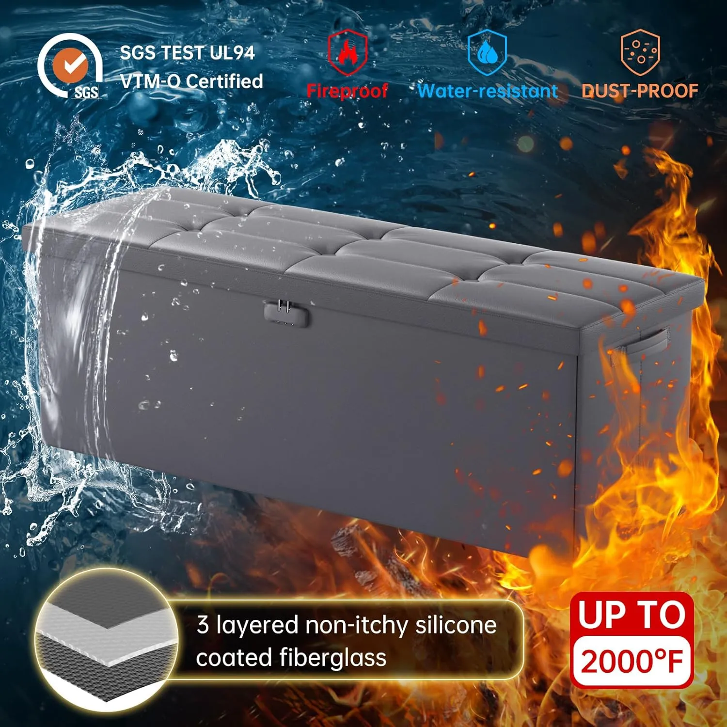 ENGPOW Storage Ottoman, Fireproof Folding Bench with Lock(15”x 43”x15”), Water-Resistant ＆ Heat Insulation Large Storage Chest with Handles＆2 Extra Spaces Safe for Living Room, Bedroom, Home, Grey