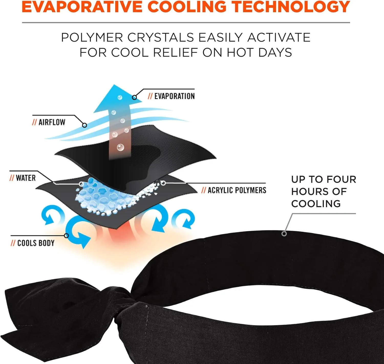 Ergodyne Chill Its 6700 Cooling Bandana, Evaporative Polymer Crystals For Cooling Relief, Tie For Adjustable Fit, 6-Pack, Black
