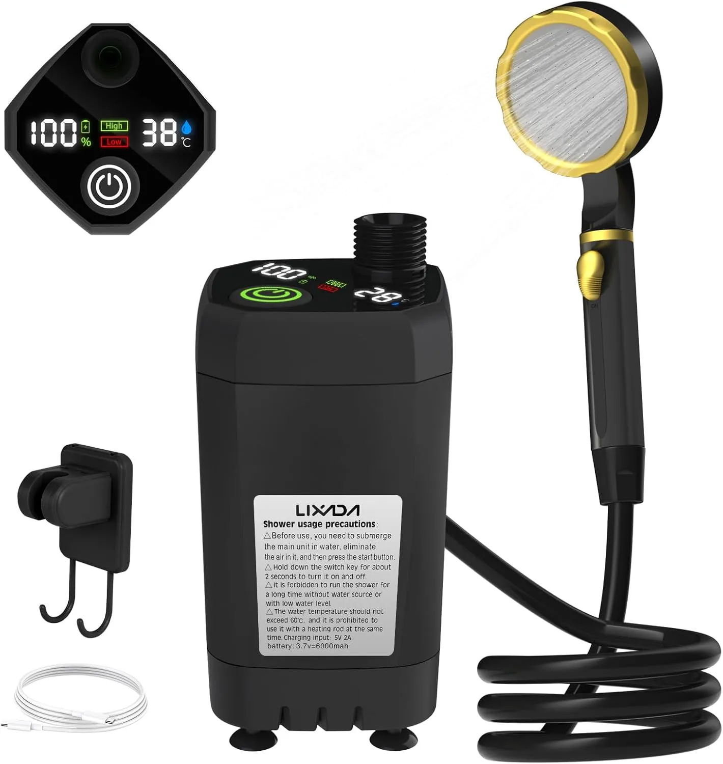 EVTSCAN Portable Camping Shower Pump RV Outdoor Shower KIT with Full Screen Display Adjustable for Backyard