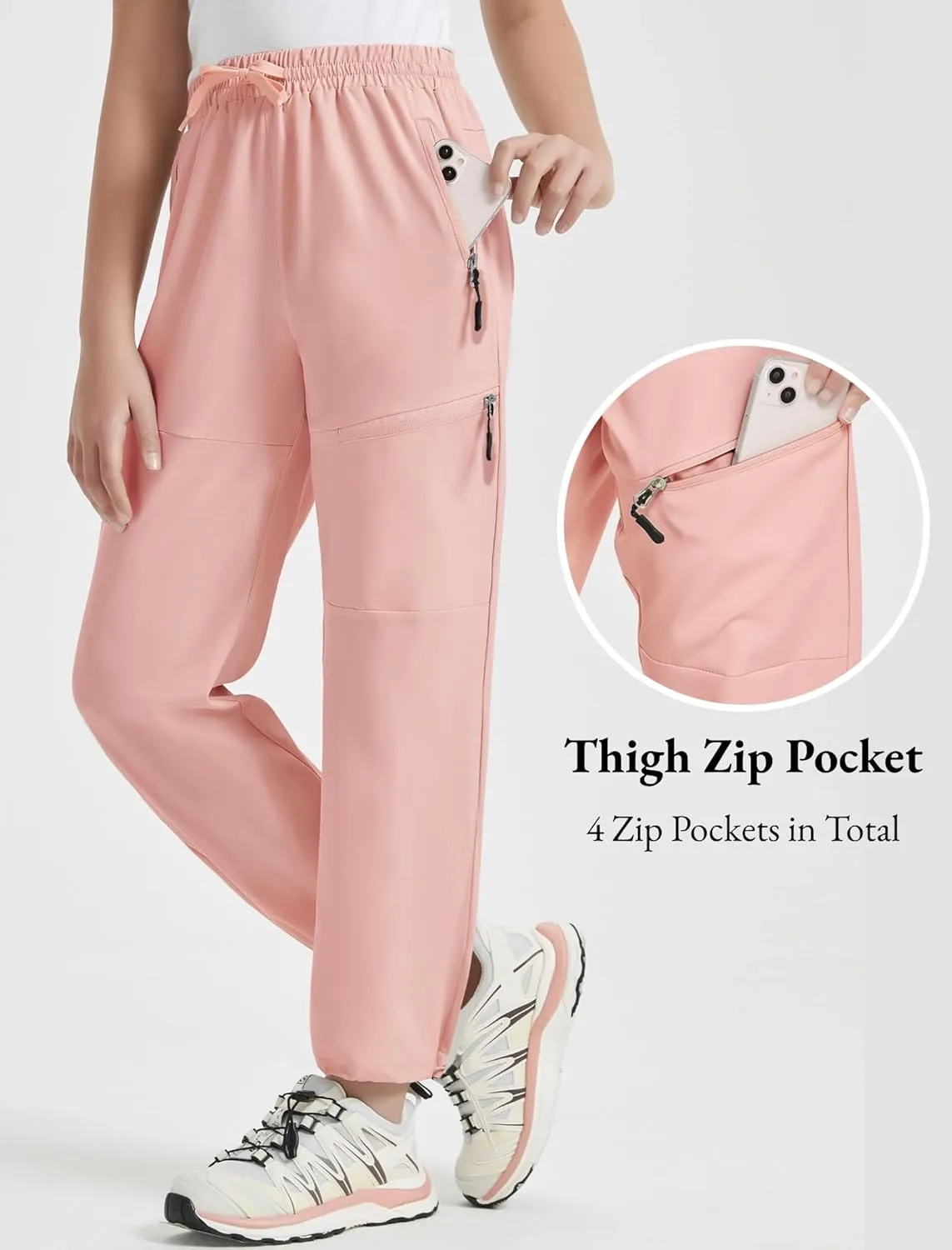 EXARUS Girls Joggers Hiking Pants Water Resistant Kids Athletic Quick Dry Lightweight Zip Pockets High Waisted 6-14Y