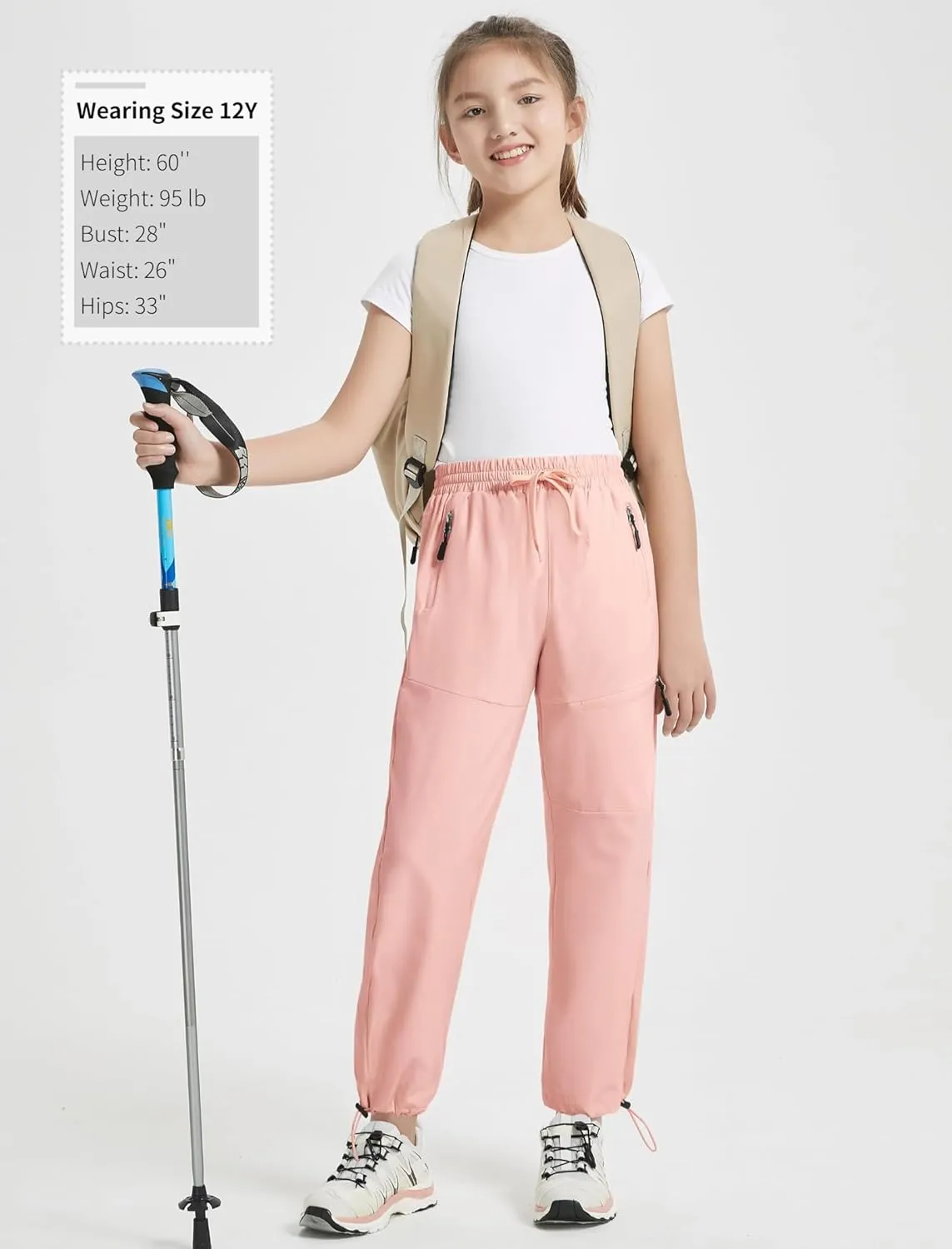 EXARUS Girls Joggers Hiking Pants Water Resistant Kids Athletic Quick Dry Lightweight Zip Pockets High Waisted 6-14Y