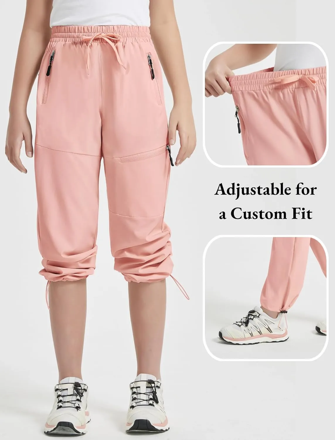 EXARUS Girls Joggers Hiking Pants Water Resistant Kids Athletic Quick Dry Lightweight Zip Pockets High Waisted 6-14Y