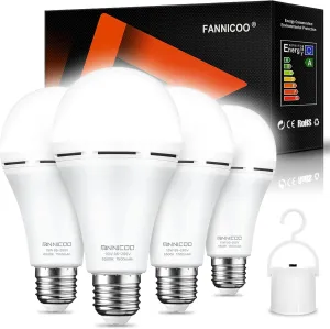 FanNicoo Rechargeable Emergency Light Bulbs with 1500mAh Battery Backup Stay Lighting During Power Outage 15W 80W Equivalent Bulbs for Power Outage Camping Hiking(6500K Daylight 4Pack)