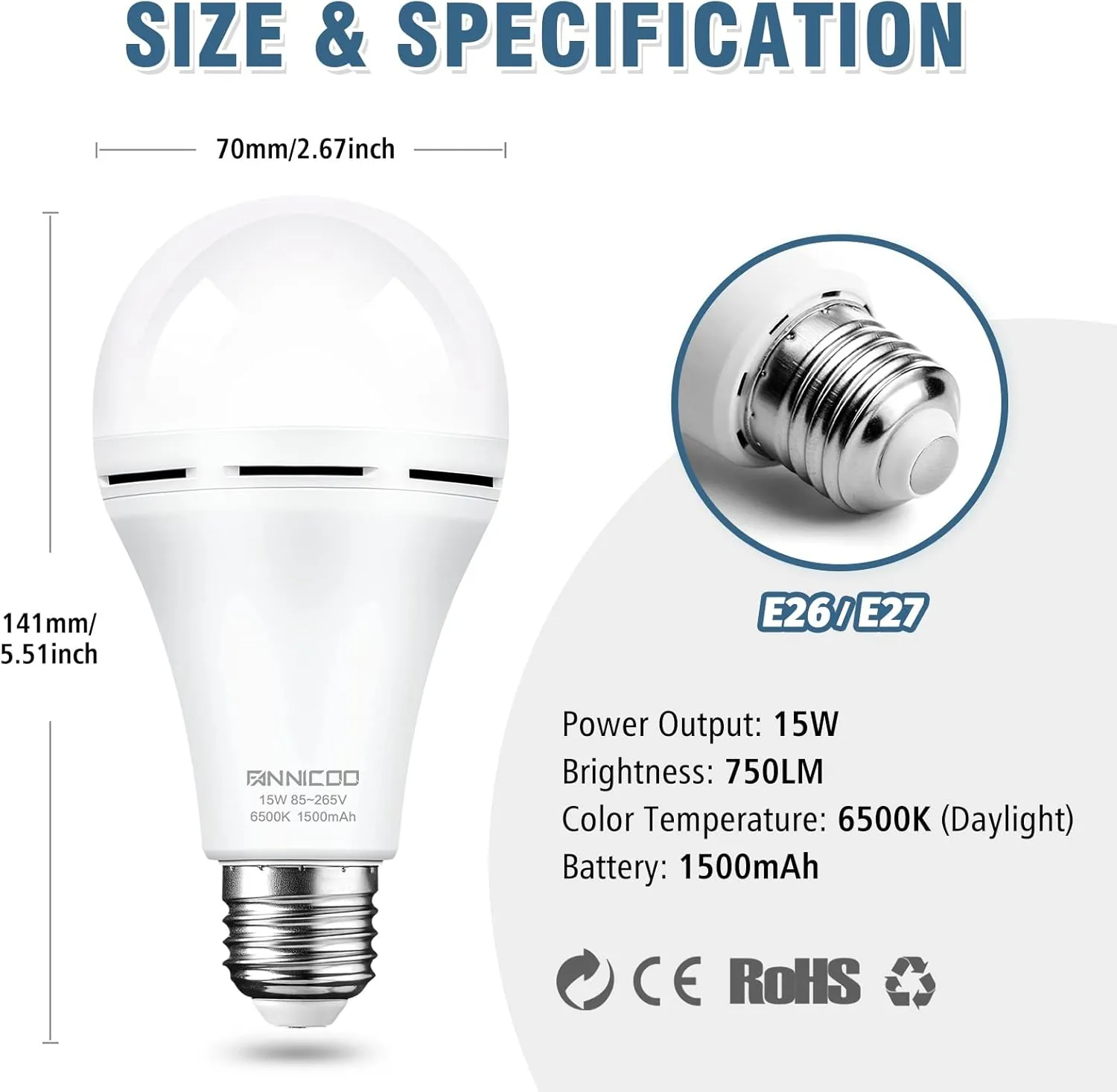 FanNicoo Rechargeable Emergency Light Bulbs with 1500mAh Battery Backup Stay Lighting During Power Outage 15W 80W Equivalent Bulbs for Power Outage Camping Hiking(6500K Daylight 4Pack)